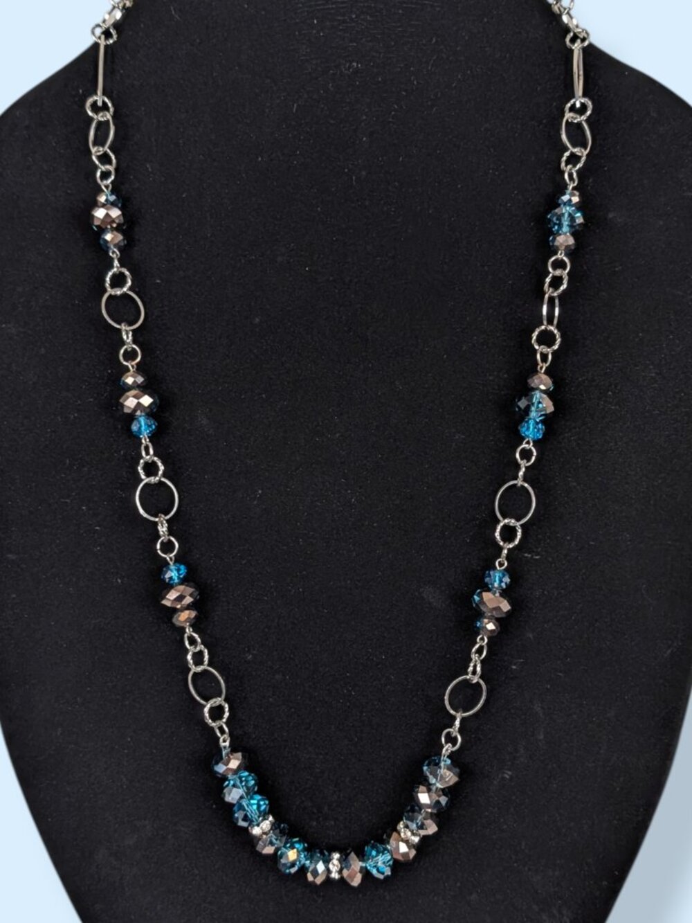 Blue & Brown AB Crystal Accented Metal Link Necklace